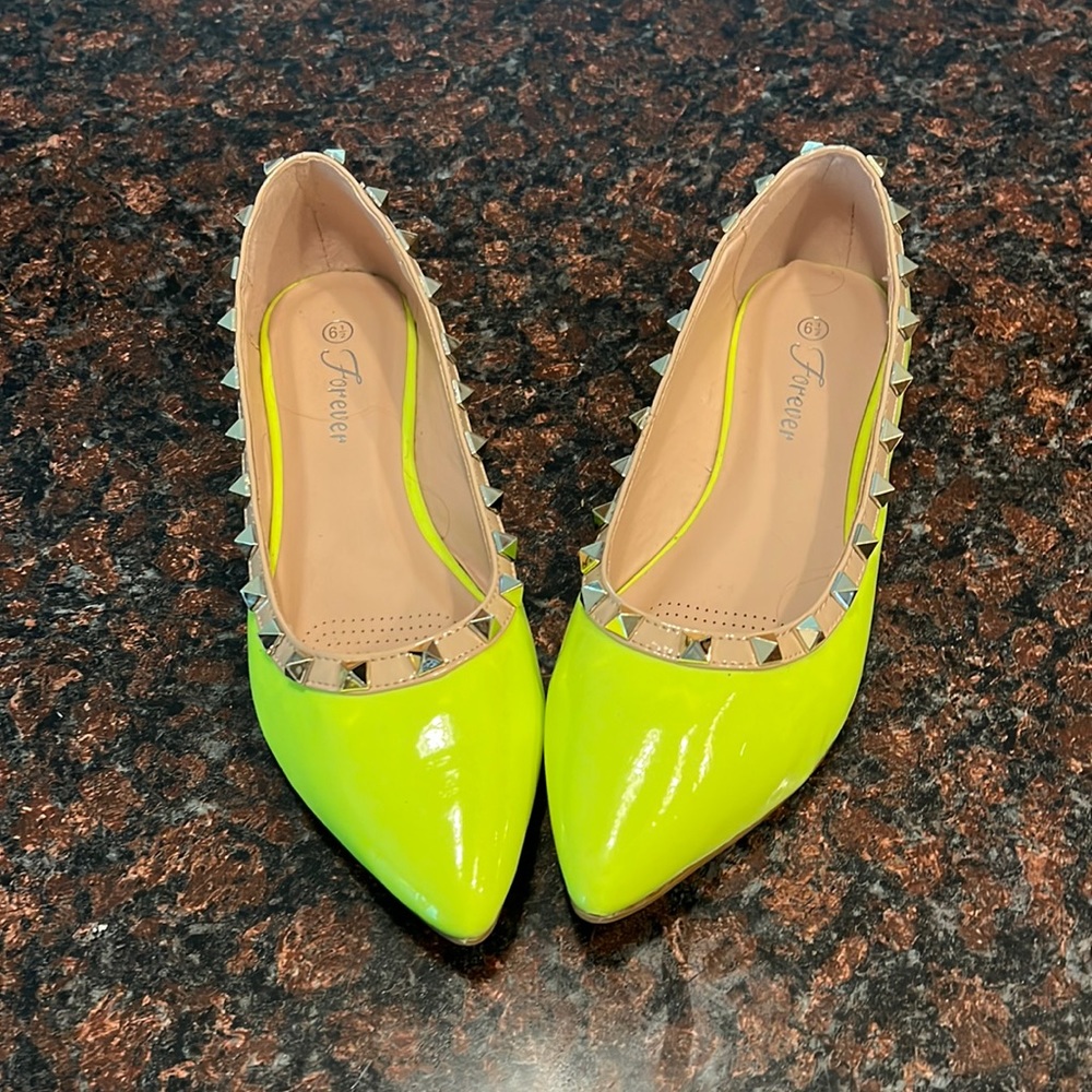 Forever 21 Neon Lime Patent Pointed-Toe Studded Flats